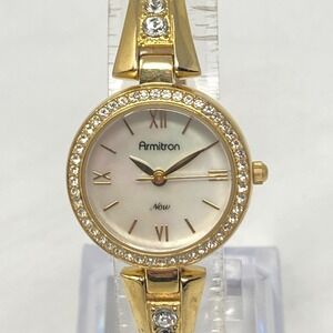 Armitron Now Watch Women 24mm Gold Tone Pave Crystal Bling MOP New Battery 6.25"